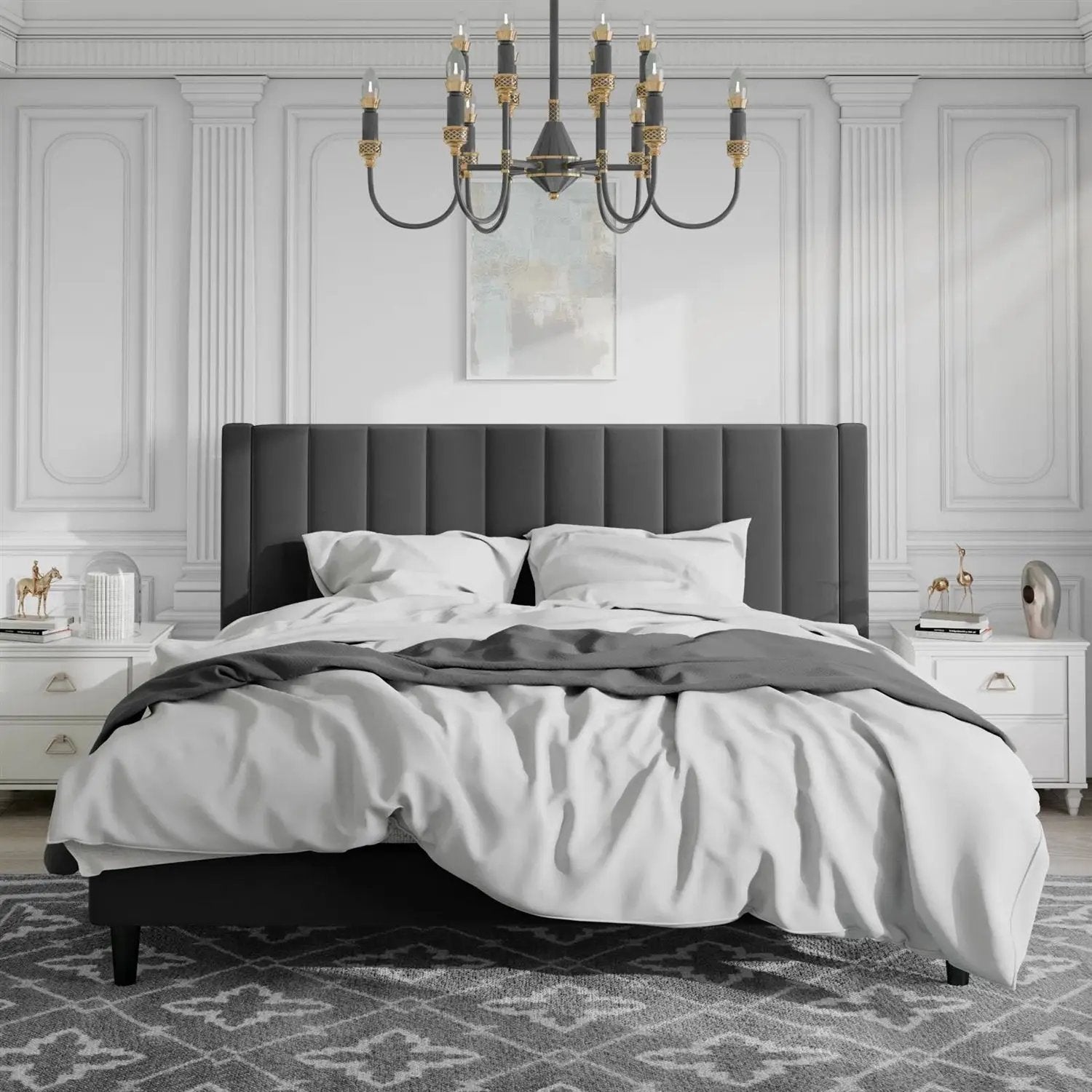 King size Black Velvet Upholstered Platform Bed Frame with Headboard by HomePacific
