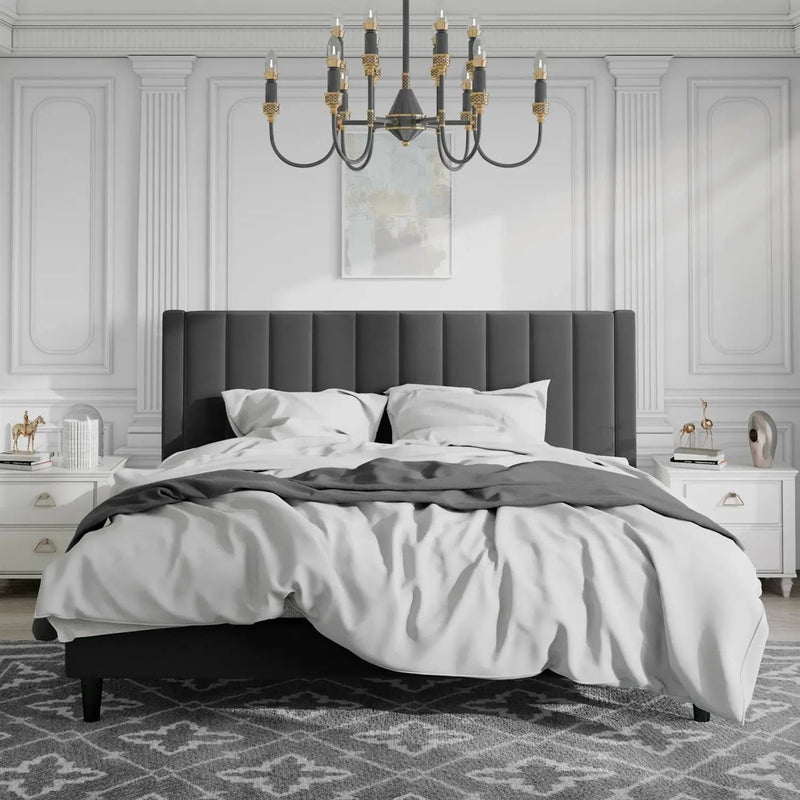 King size Black Velvet Upholstered Platform Bed Frame with Headboard by HomePacific