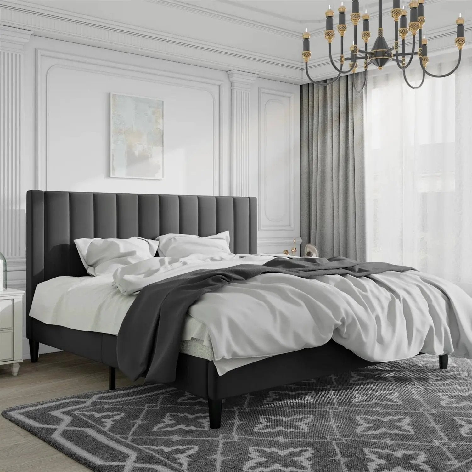 King size Black Velvet Upholstered Platform Bed Frame with Headboard by HomePacific