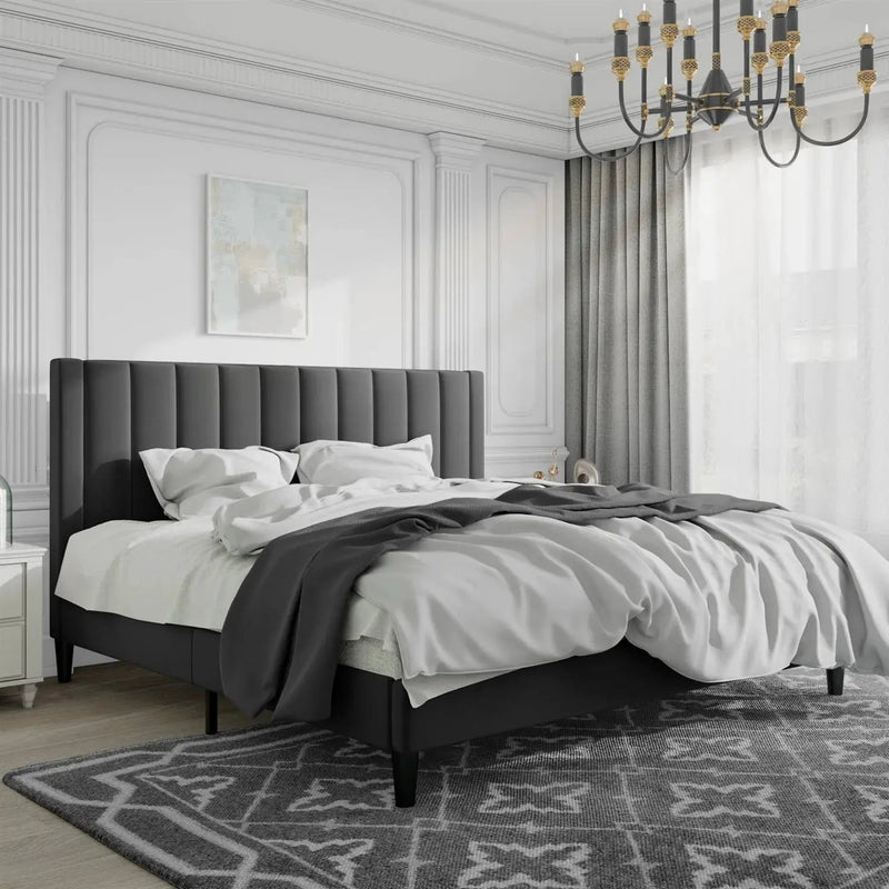 King size Black Velvet Upholstered Platform Bed Frame with Headboard by HomePacific