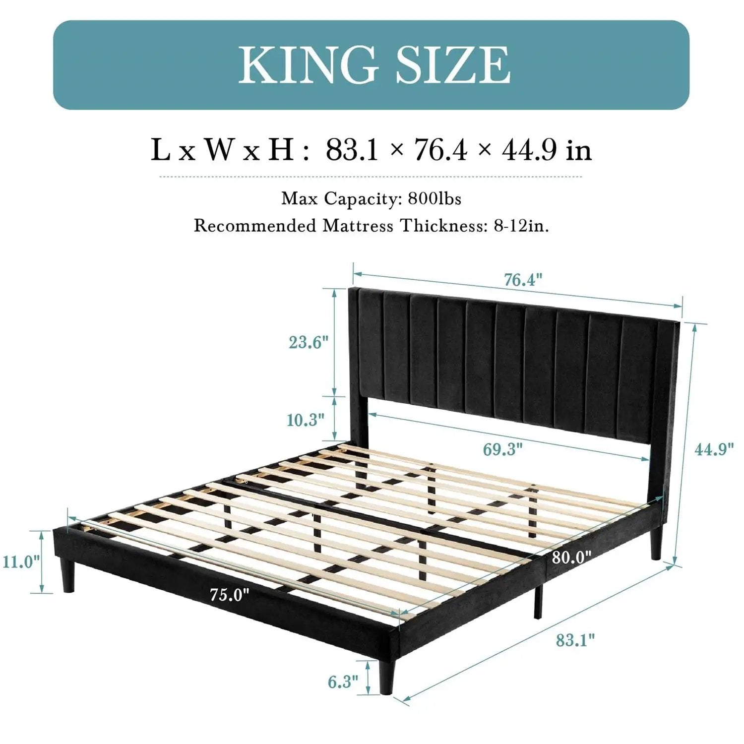 King size Black Velvet Upholstered Platform Bed Frame with Headboard by HomePacific
