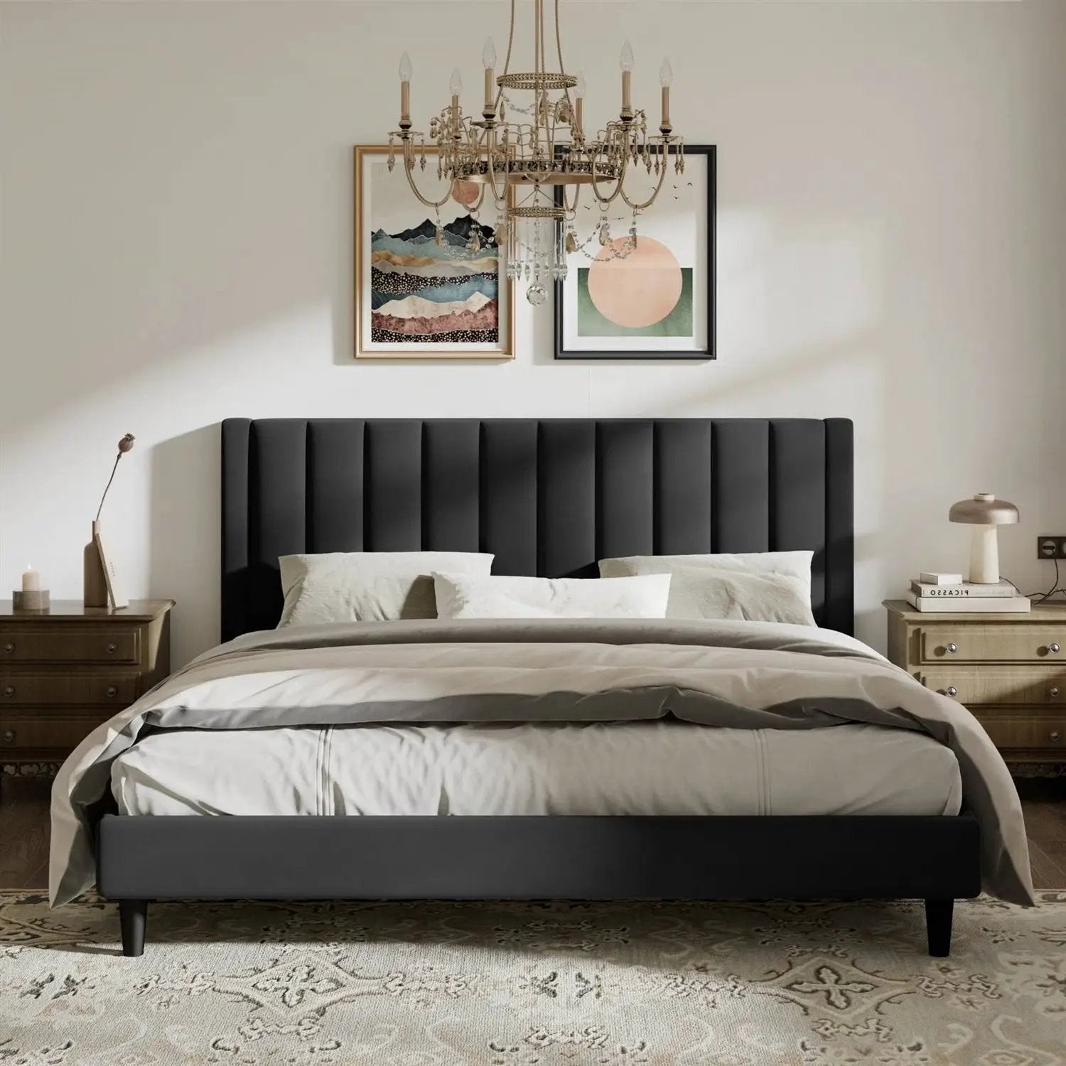 King size Modern Black Velvet Upholstered Platform Bed with Headboard by HomePacific