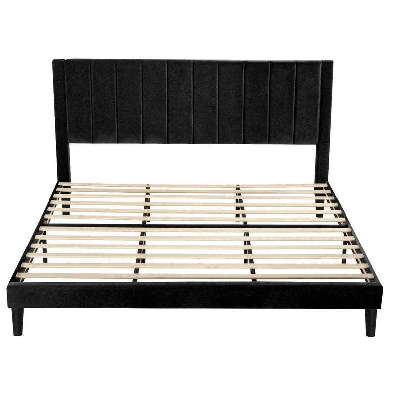 King size Modern Black Velvet Upholstered Platform Bed with Headboard by HomePacific