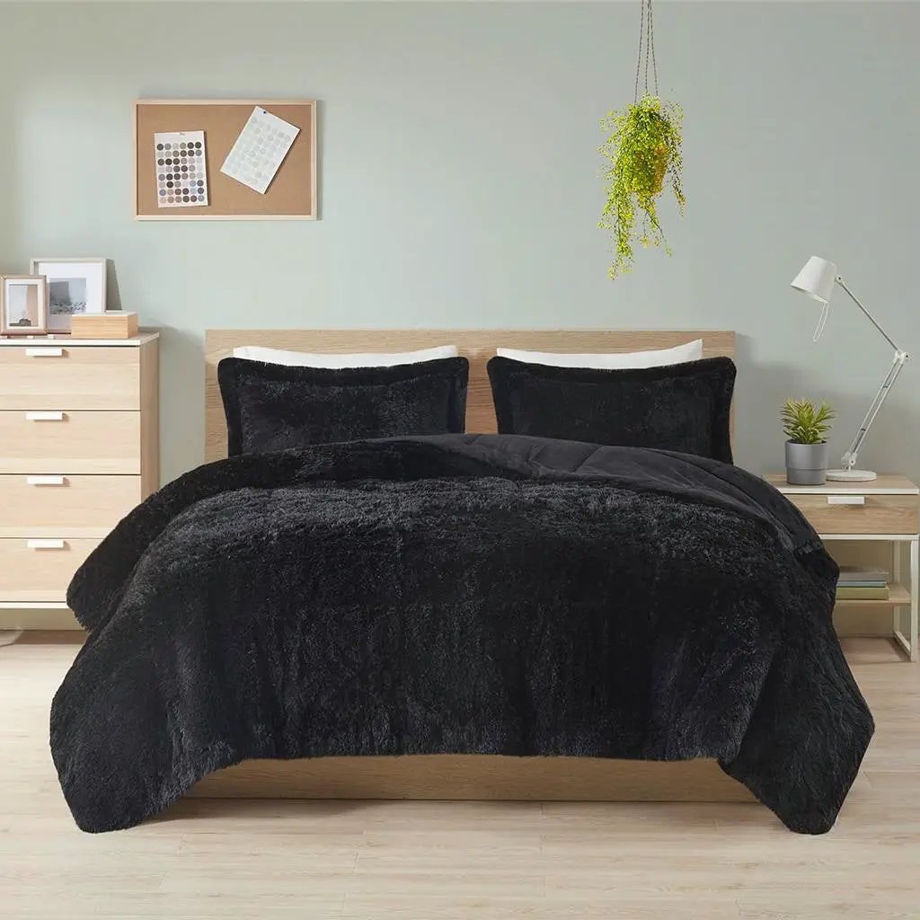 King/CAL King Black Soft Sherpa Faux Fur 3-Piece Comforter Set with Pillow Shams by HomePacific