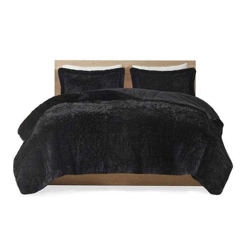 King/CAL King Black Soft Sherpa Faux Fur 3-Piece Comforter Set with Pillow Shams by HomePacific