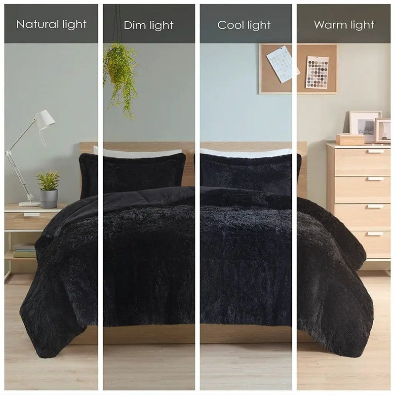 King/CAL King Black Soft Sherpa Faux Fur 3-Piece Comforter Set with Pillow Shams by HomePacific