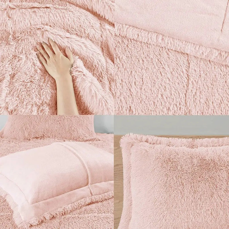 King/CAL King Pink Blush Soft Sherpa Faux Fur 3-Piece Comforter Set with Shams by HomePacific