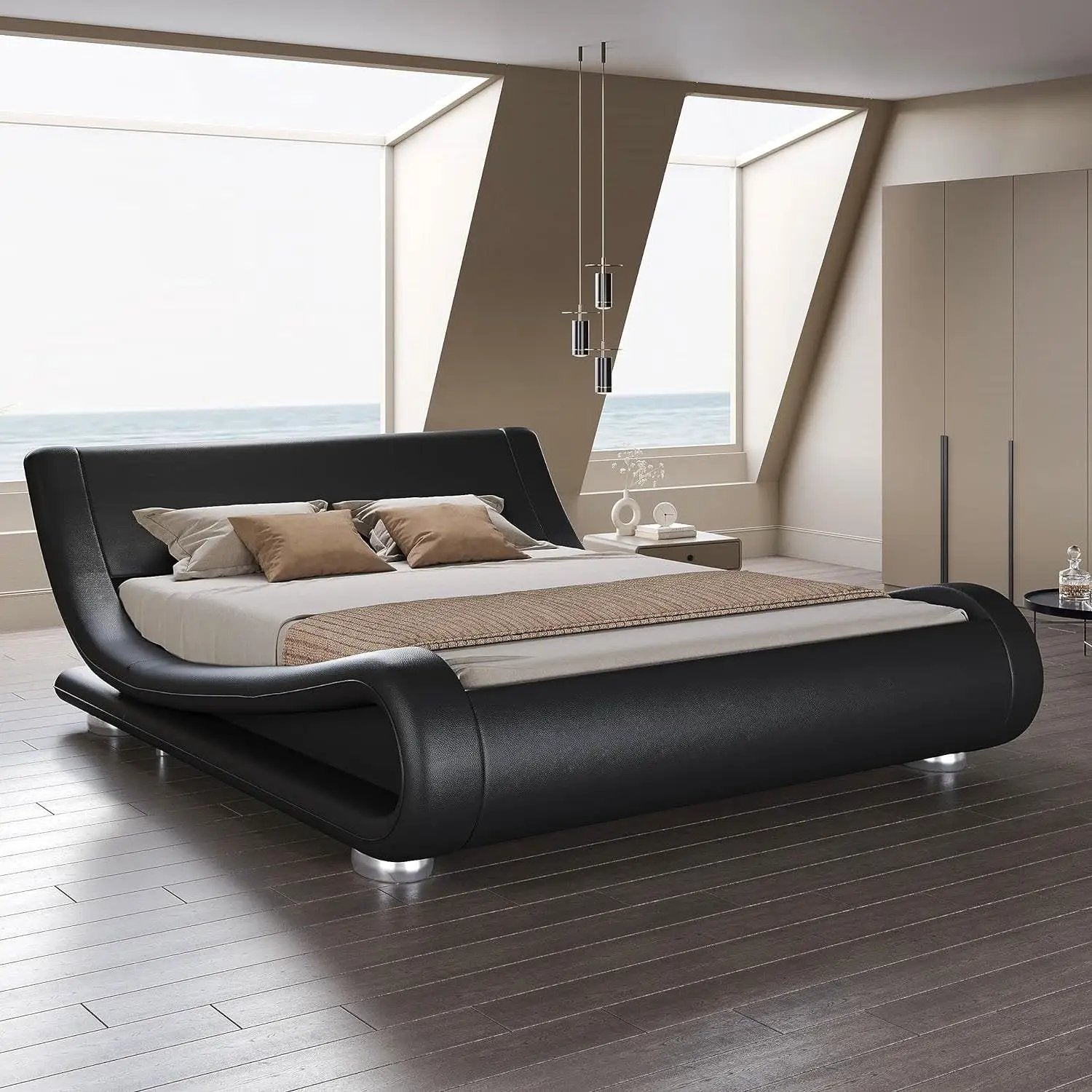 King Modern Black Upholstered Platform Bed Frame with Sleigh Curved Headboard by HomePacific