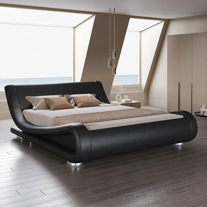King Modern Black Upholstered Platform Bed Frame with Sleigh Curved Headboard by HomePacific