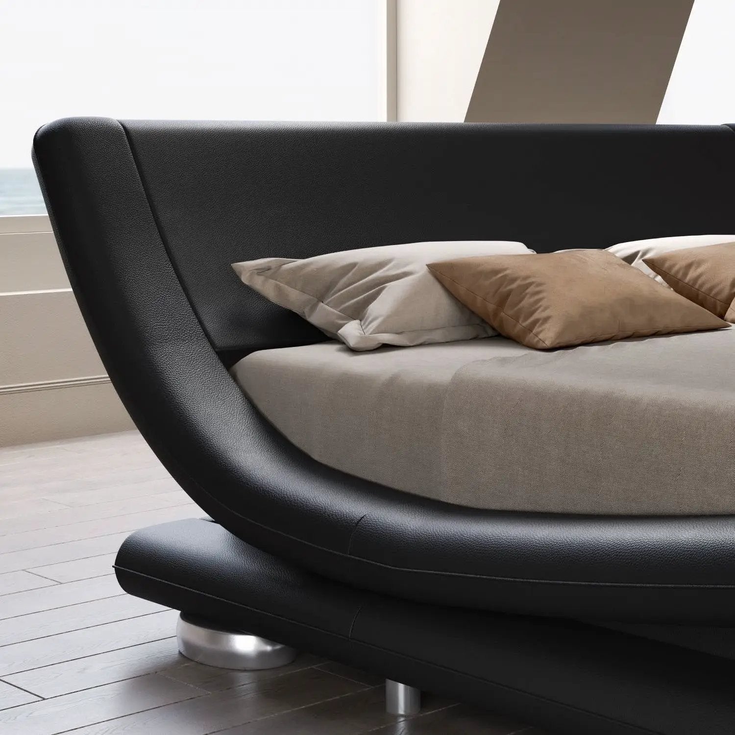 King Modern Black Upholstered Platform Bed Frame with Sleigh Curved Headboard by HomePacific