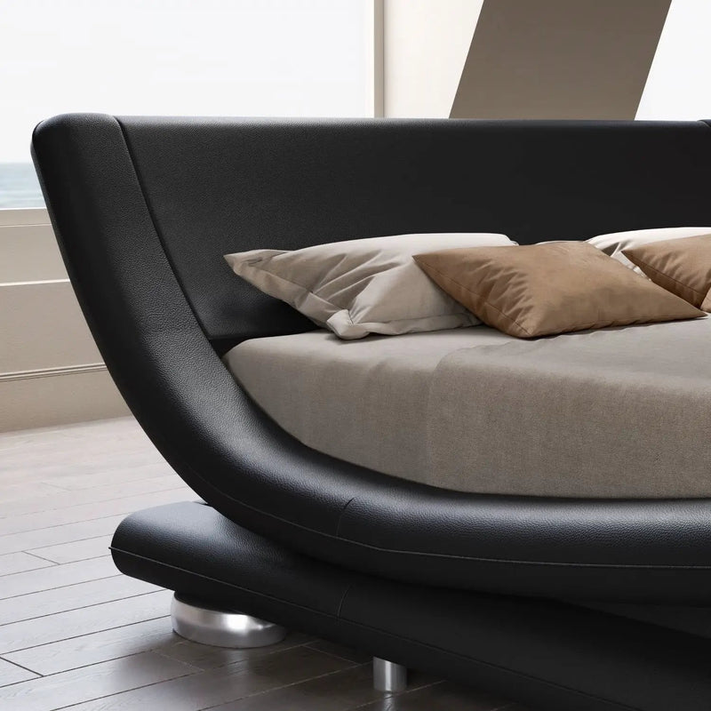 King Modern Black Upholstered Platform Bed Frame with Sleigh Curved Headboard by HomePacific