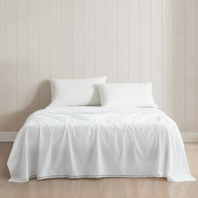 King Size 4 Piece 100-Percent Cotton Sheet Set in White with Lace Trim by HomePacific