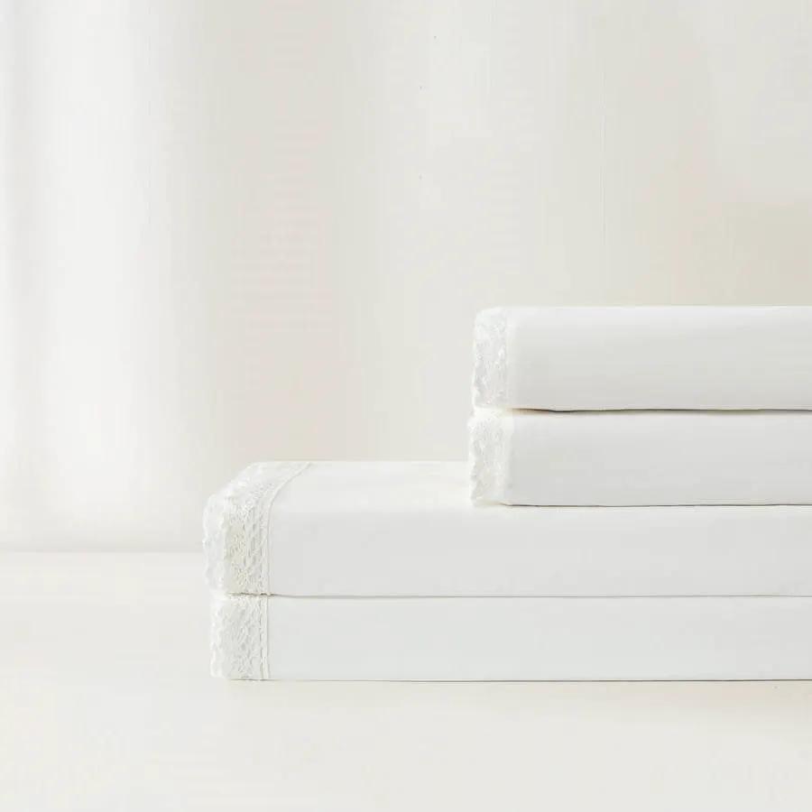 King Size 4 Piece 100-Percent Cotton Sheet Set in White with Lace Trim by HomePacific