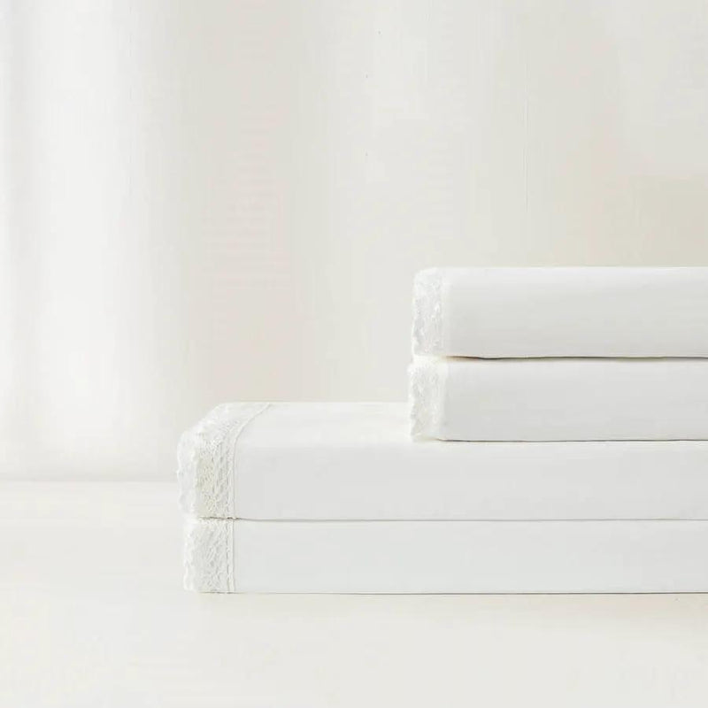 King Size 4 Piece 100-Percent Cotton Sheet Set in White with Lace Trim by HomePacific