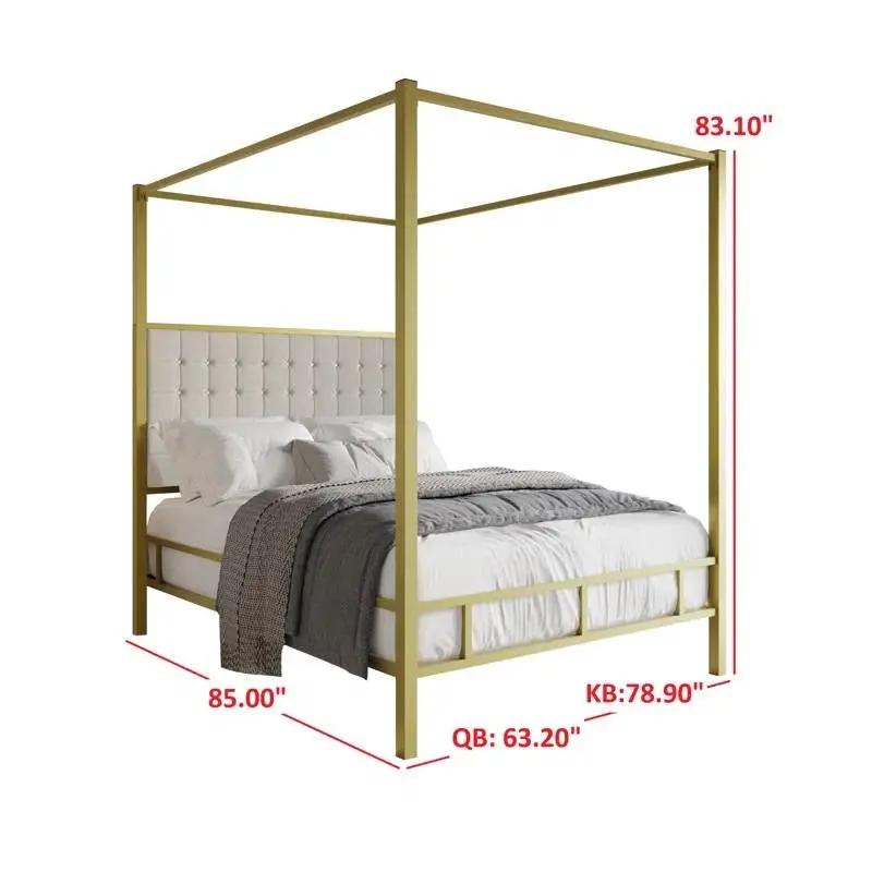 King size Gold Metal Canopy Bed with Upholstered Button-Tufted Headboard by HomePacific