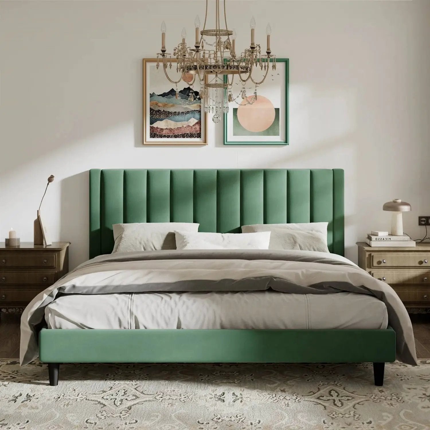 King size Green Velvet Upholstered Platform Bed Frame with Headboard by HomePacific