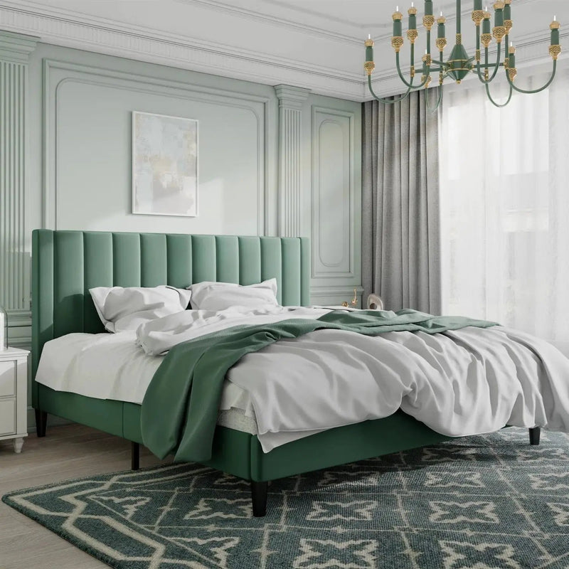 King size Green Velvet Upholstered Platform Bed Frame with Headboard by HomePacific