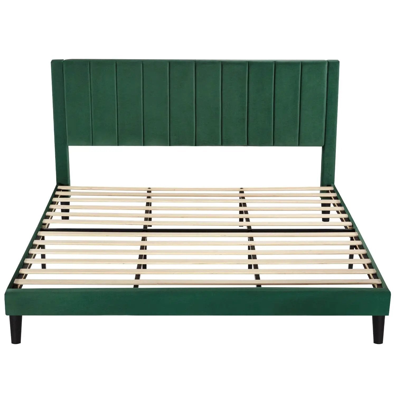 King size Green Velvet Upholstered Platform Bed Frame with Headboard by HomePacific