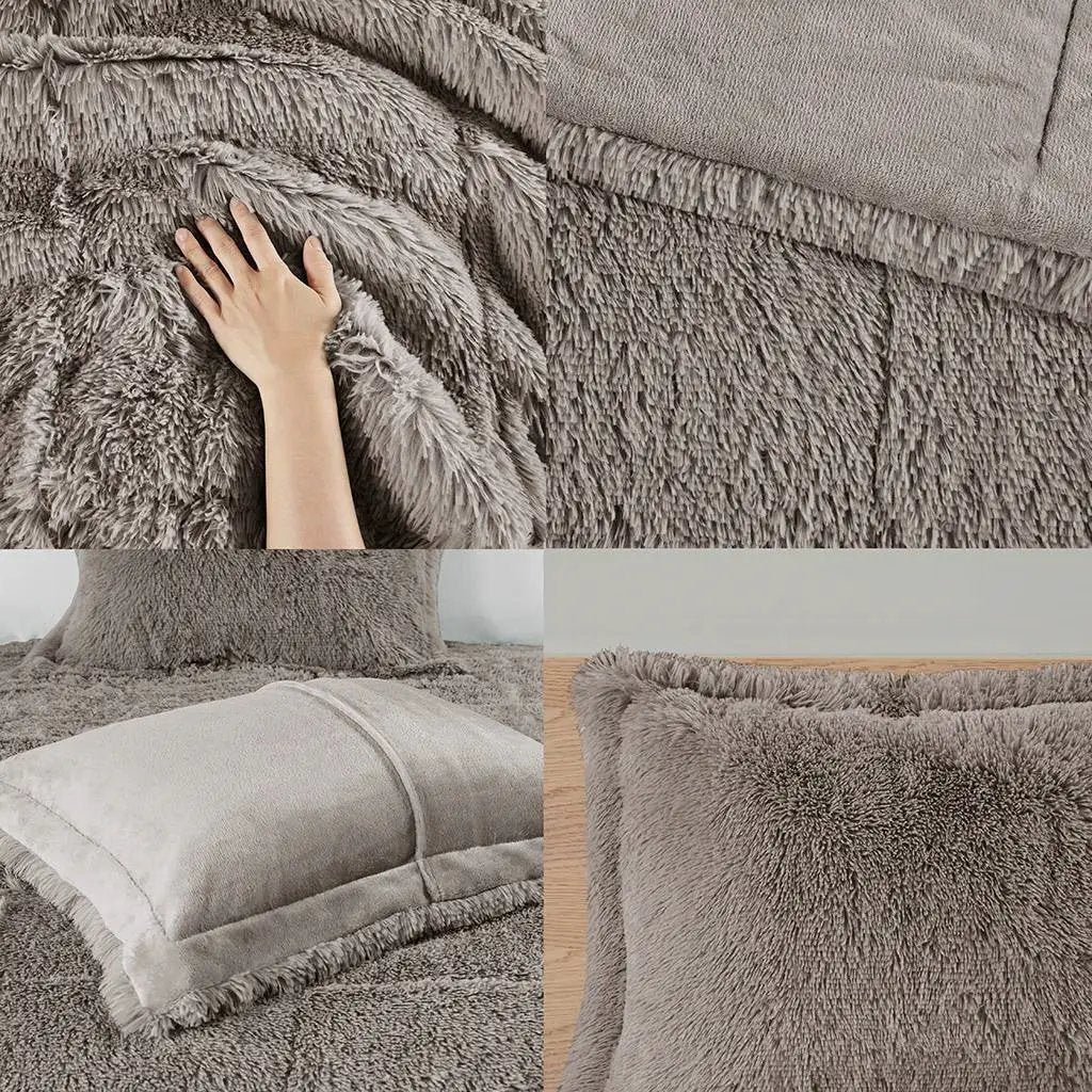 King/CAL King Grey Soft Sherpa Faux Fur 3-Piece Comforter Set with Pillow Shams by HomePacific