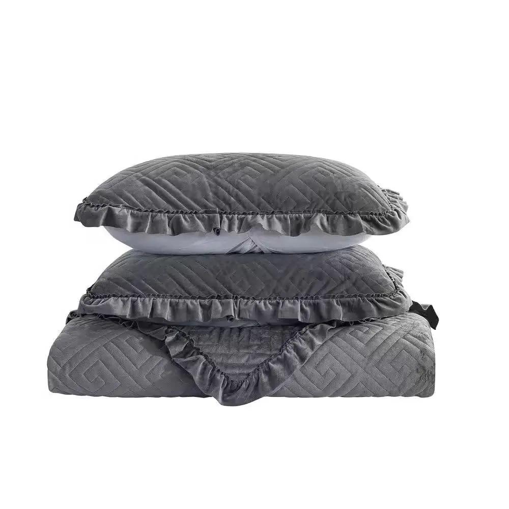 King Gray Charcoal Velvet Microfiber Polyester Reversible 3-Piece Quilt Set by HomePacific
