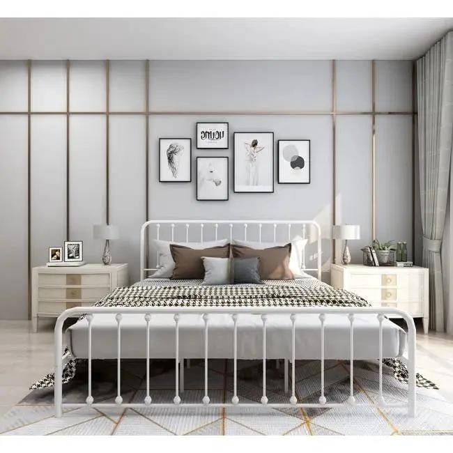 King White Metal Platform Bed Frame with Rounded Corners Headboard Footboard by HomePacific