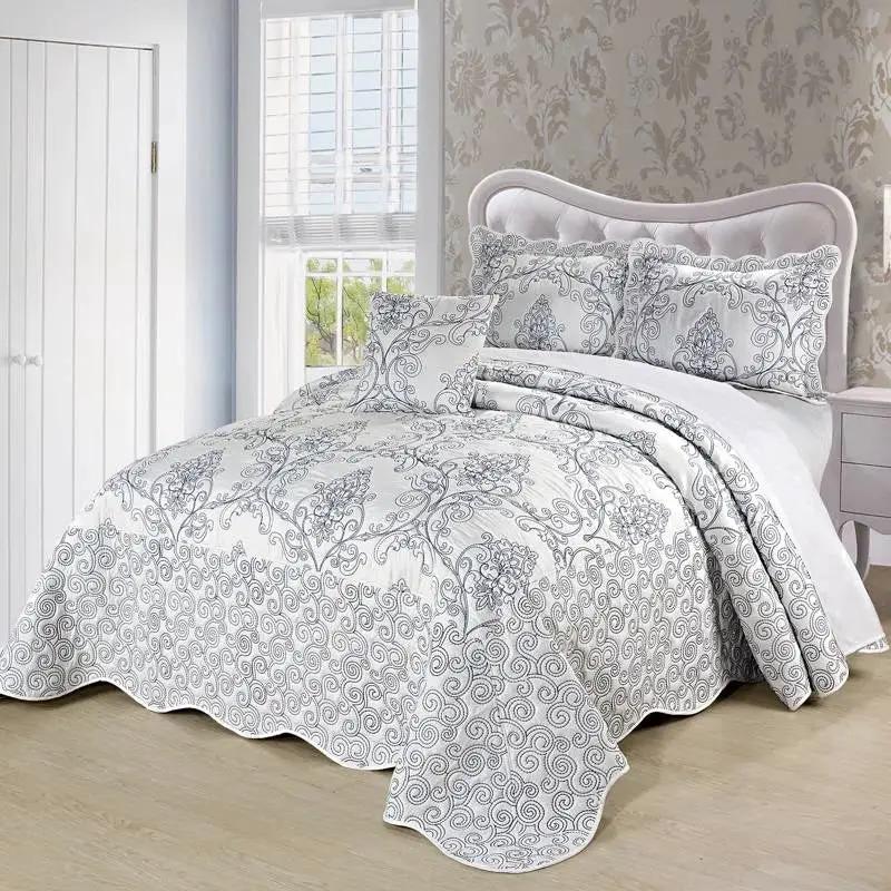 King size White Damask Embroidered 4 Piece Oversized Bedspread Set by HomePacific