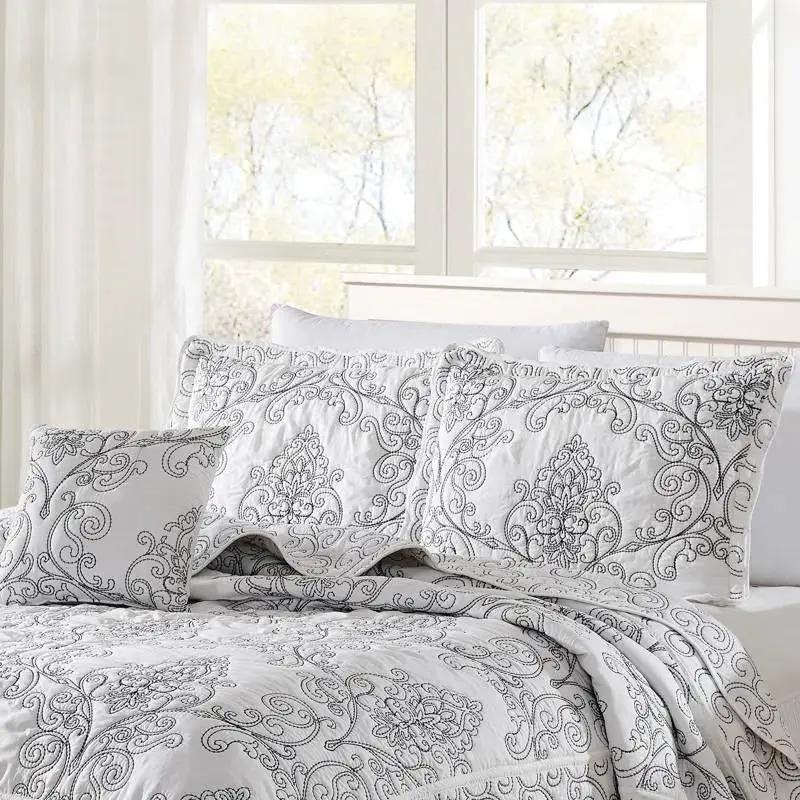 King size White Damask Embroidered 4 Piece Oversized Bedspread Set by HomePacific