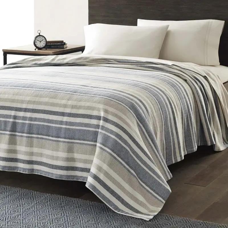 King size Navy Blue Tan Cream Chevron Stripe Lightweight Cotton Blanket by HomePacific