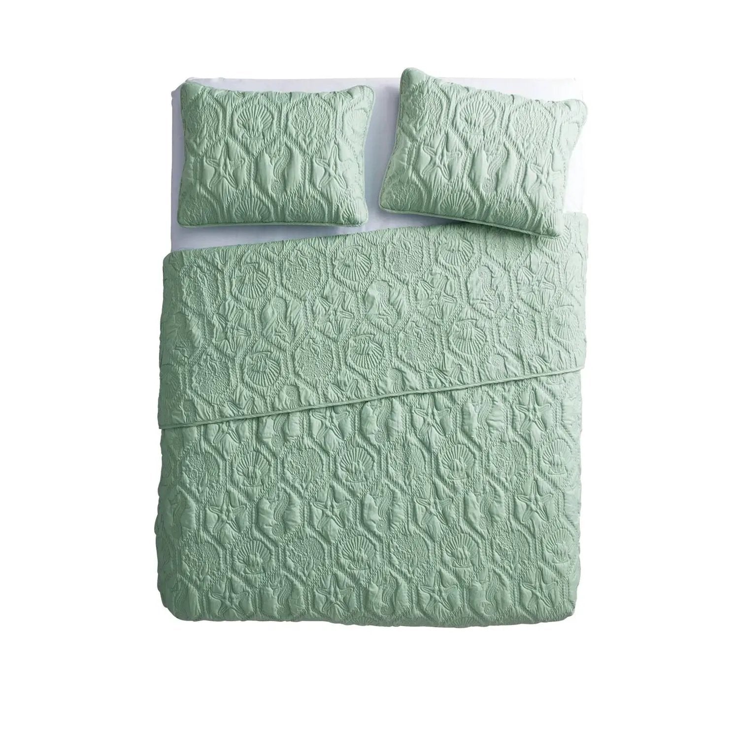 King Coastal Beach Starfish Seashell Seahorse Light Green Teal Quilt Set by HomePacific