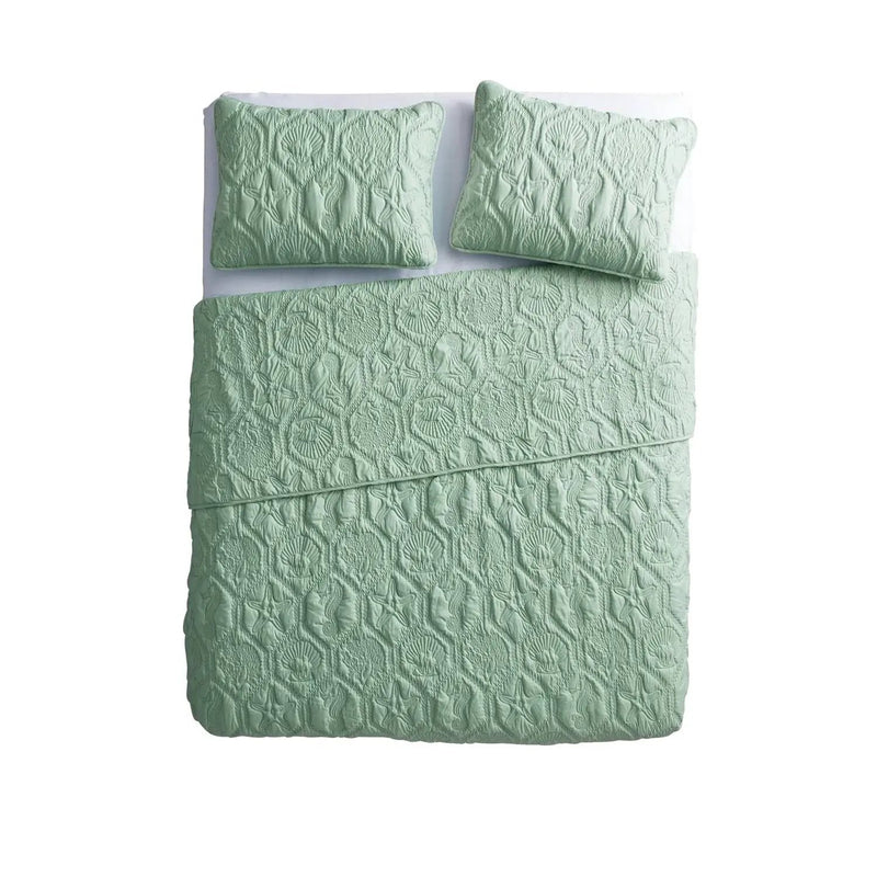 King Coastal Beach Starfish Seashell Seahorse Light Green Teal Quilt Set by HomePacific