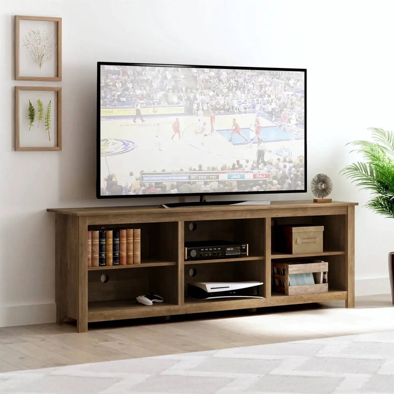 Farmhouse Style TV Stand with 6 Storage Compartments in Brown Oak Wood Finish by HomePacific