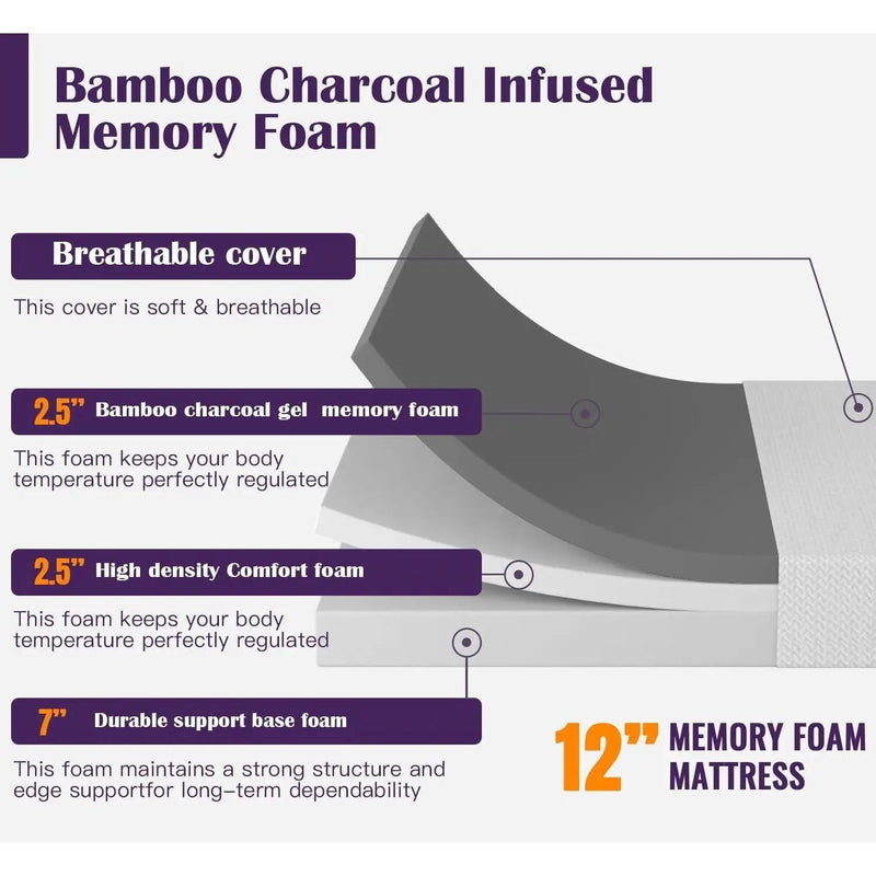 King size 12-inch Charcoal Infused Memory Foam Mattress with Removable Cover by HomePacific