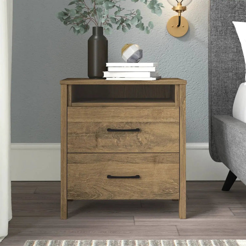 Modern Farmhouse 2-Drawer Nightstand Bedside Table in Brown Oak Wood Finish by HomePacific