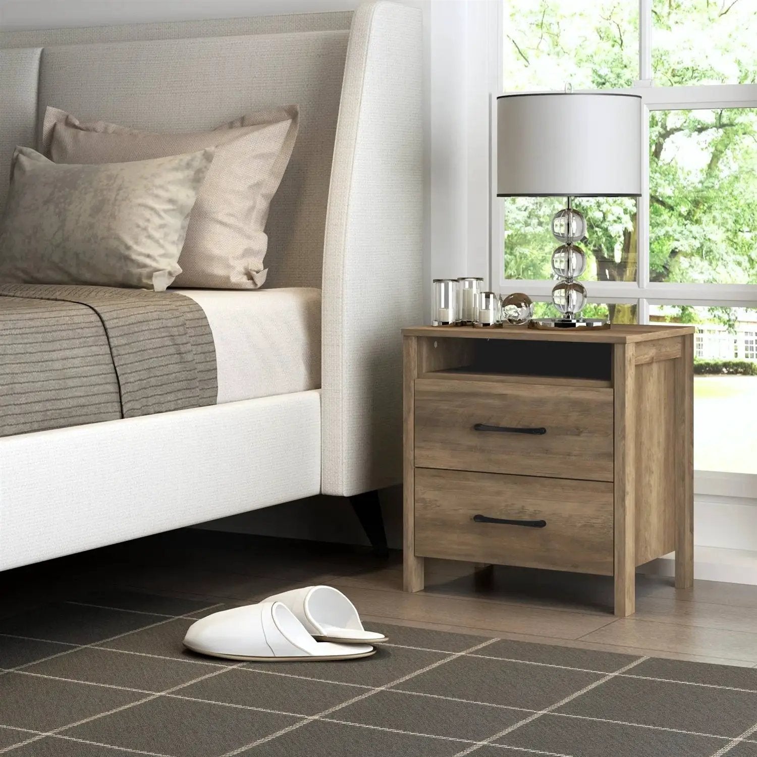 Modern Farmhouse 2-Drawer Nightstand Bedside Table in Brown Oak Wood Finish by HomePacific