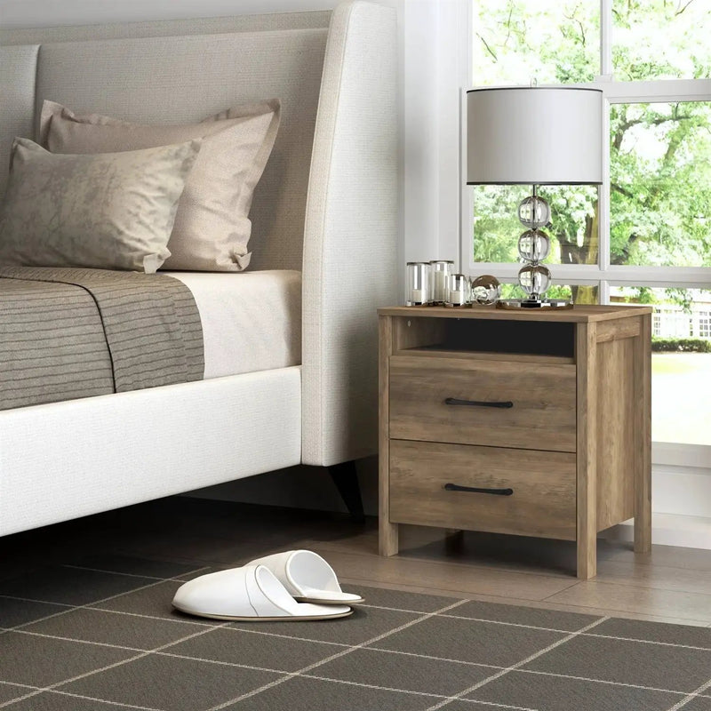 Modern Farmhouse 2-Drawer Nightstand Bedside Table in Brown Oak Wood Finish by HomePacific