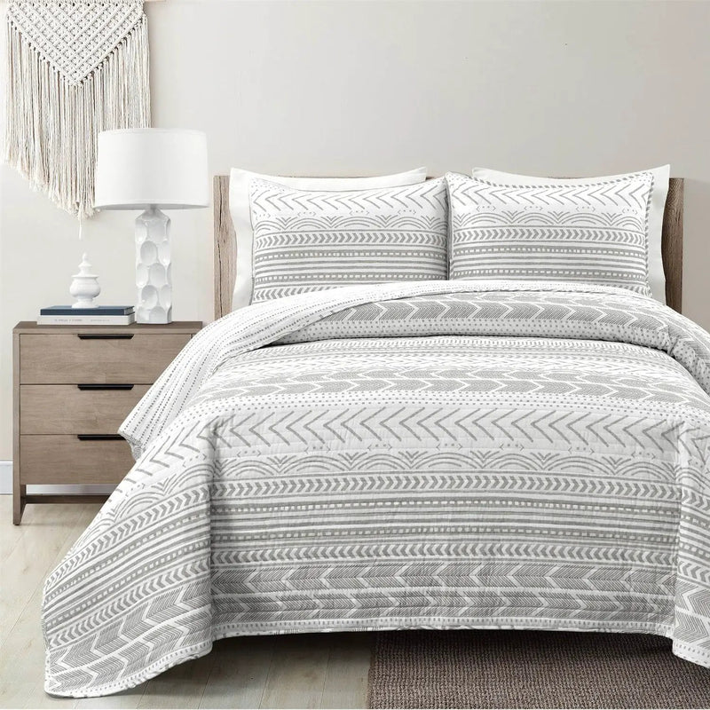 King size Scandinavian Chevron Grey White Reversible Cotton Quilt Set by HomePacific