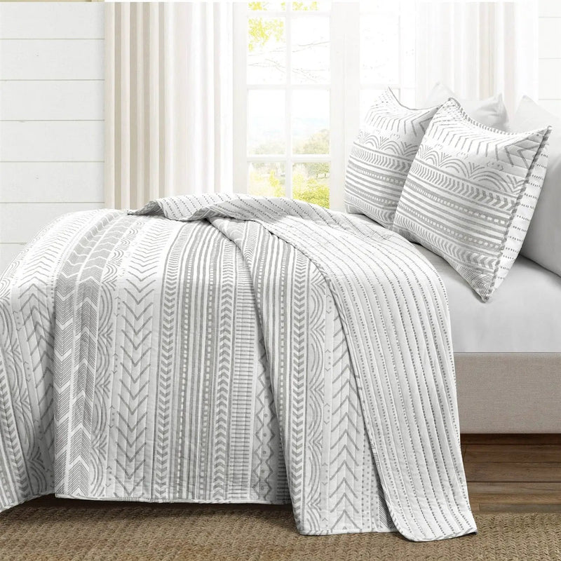 King size Scandinavian Chevron Grey White Reversible Cotton Quilt Set by HomePacific