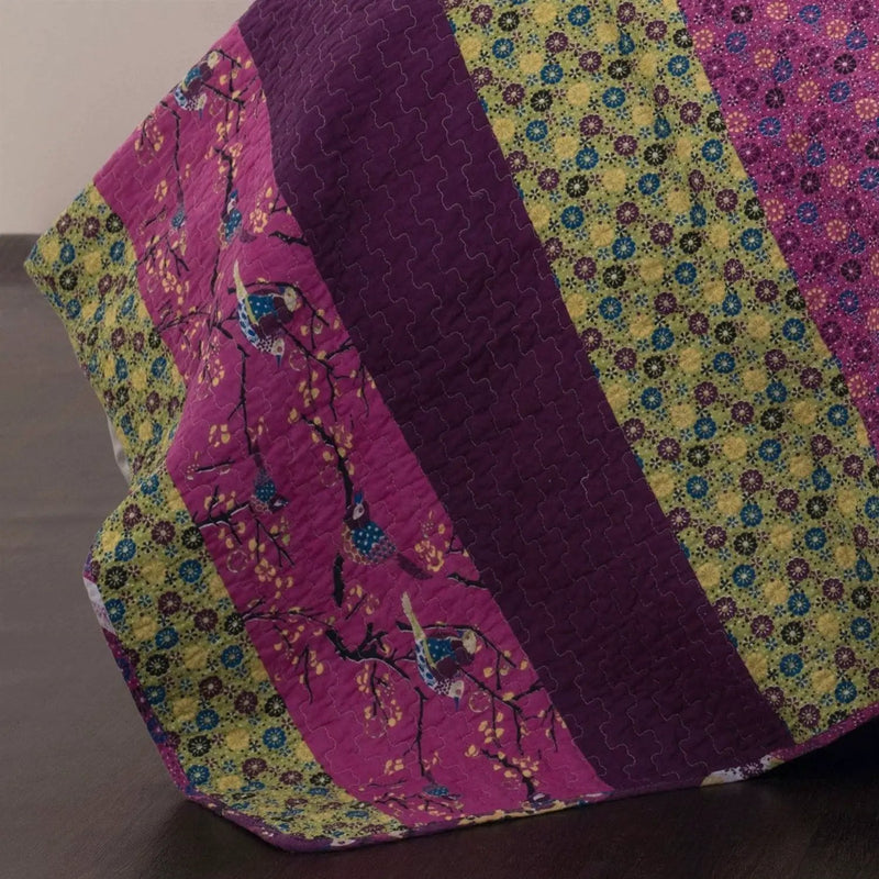 King size Vibrant Purple Yellow Boho Floral Reversible Lightweight Quilt Set by HomePacific