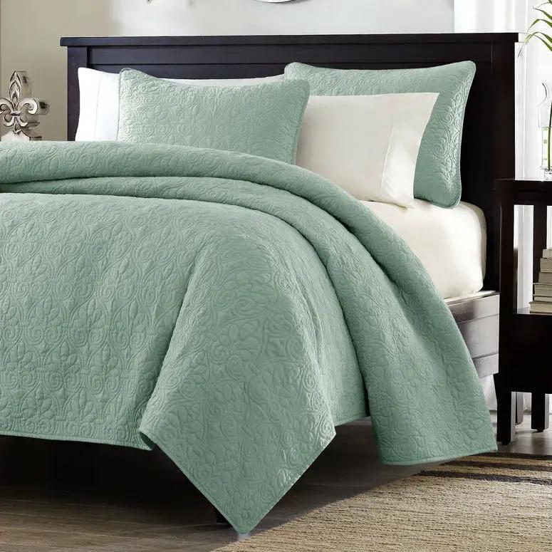 King size Seafoam Green Blue Coverlet Set with Quilted Floral Pattern by HomePacific
