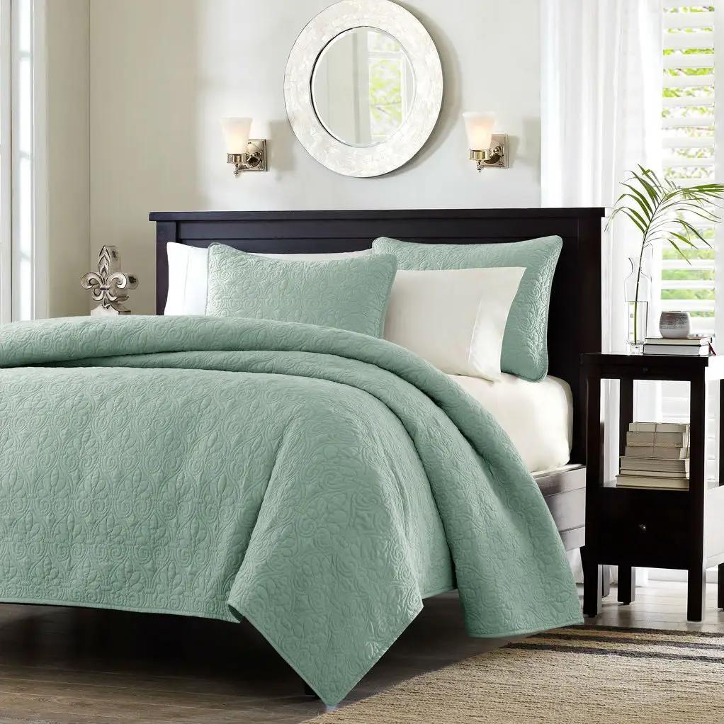 King size Seafoam Green Blue Coverlet Set with Quilted Floral Pattern by HomePacific