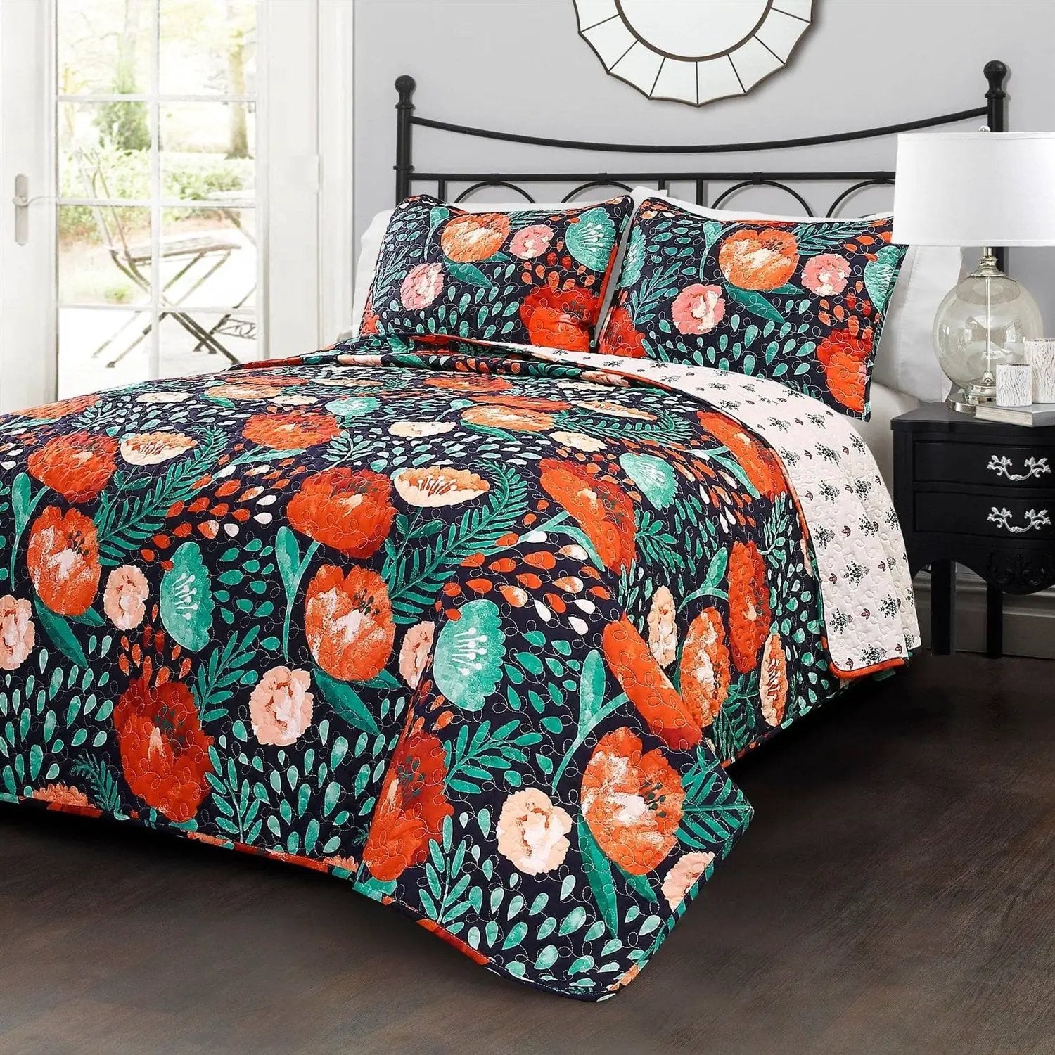 King size Boho Floral Red Poppy Navy Teal Lightweight 3 Piece Cotton Quilt Set by HomePacific