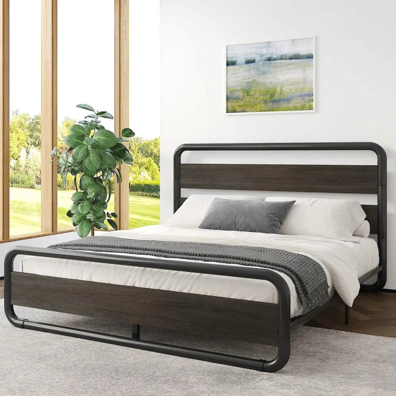 King Heavy Duty Round Metal Frame Platform Bed with Black Wood Panel Headboard by HomePacific