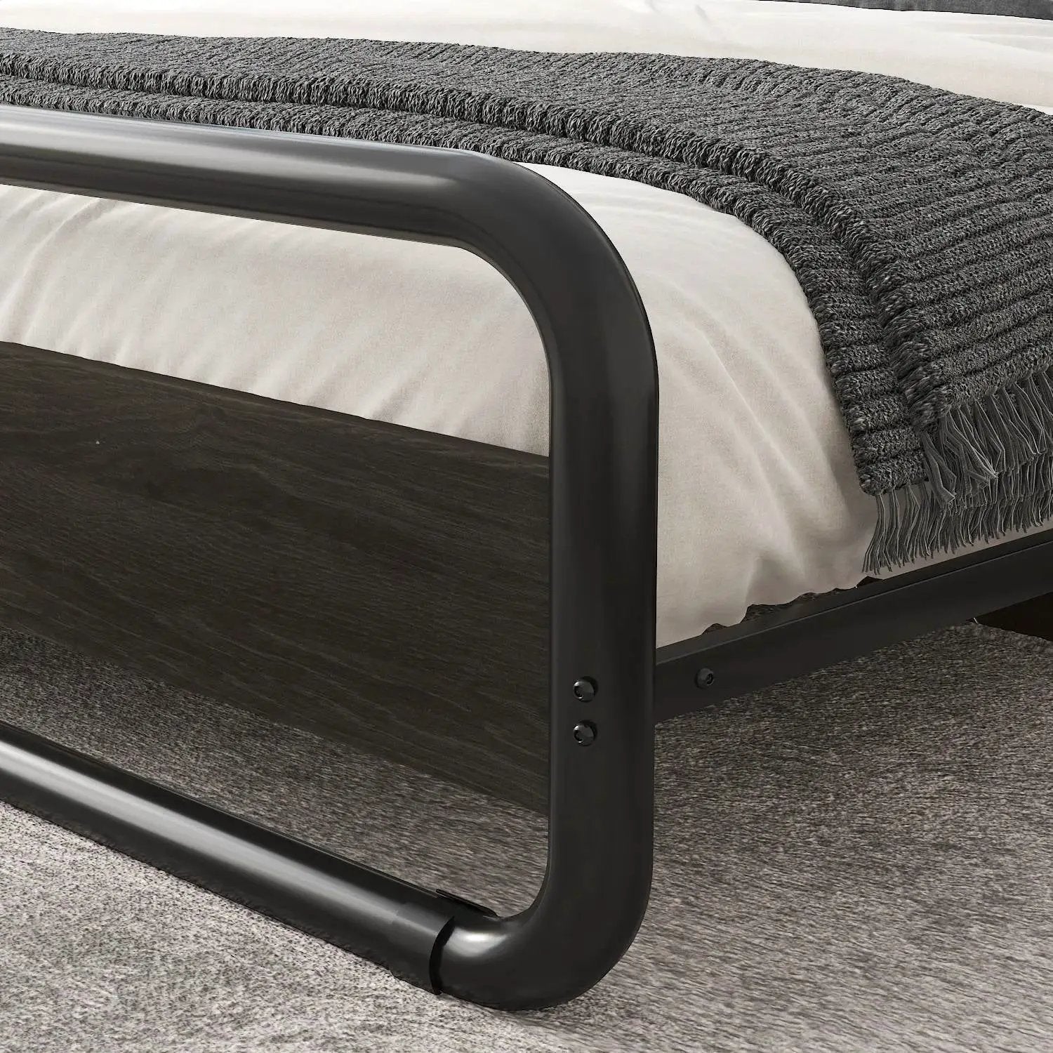 King Heavy Duty Round Metal Frame Platform Bed with Black Wood Panel Headboard by HomePacific