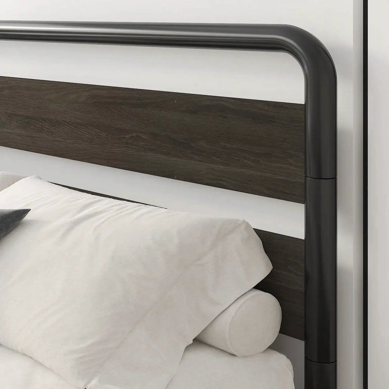 King Heavy Duty Round Metal Frame Platform Bed with Black Wood Panel Headboard by HomePacific