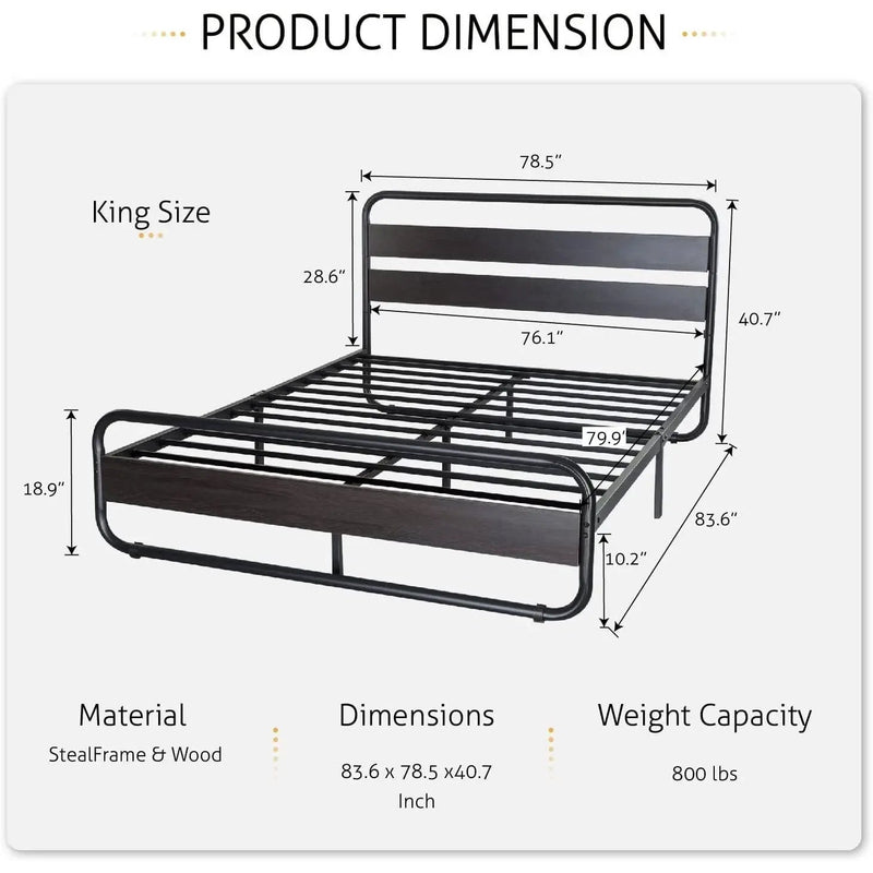 King Heavy Duty Round Metal Frame Platform Bed with Black Wood Panel Headboard by HomePacific