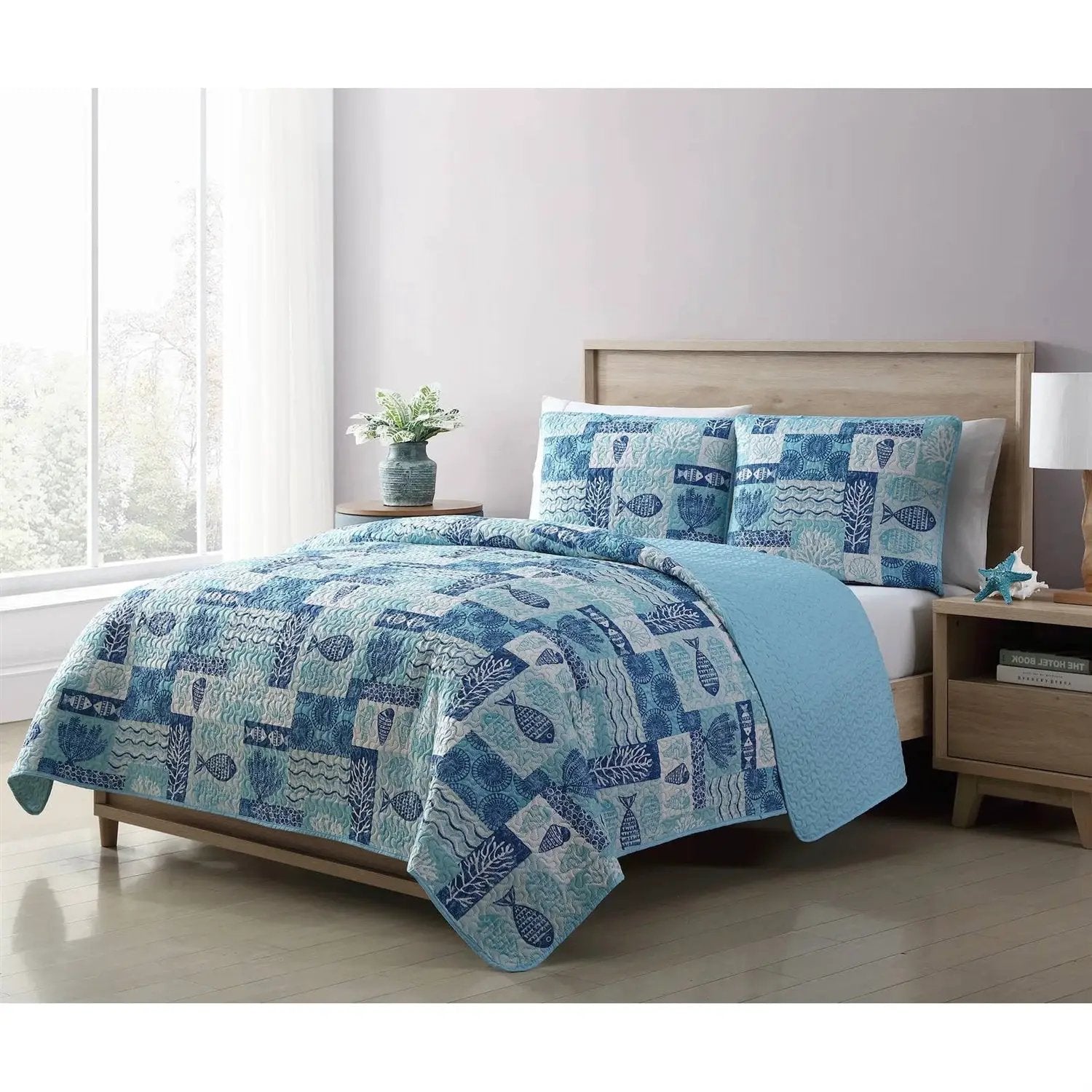 King size Aqua Blue Cream Beach Sea Shells Coral Fish Coastal 3-Piece Quilt Set by HomePacific