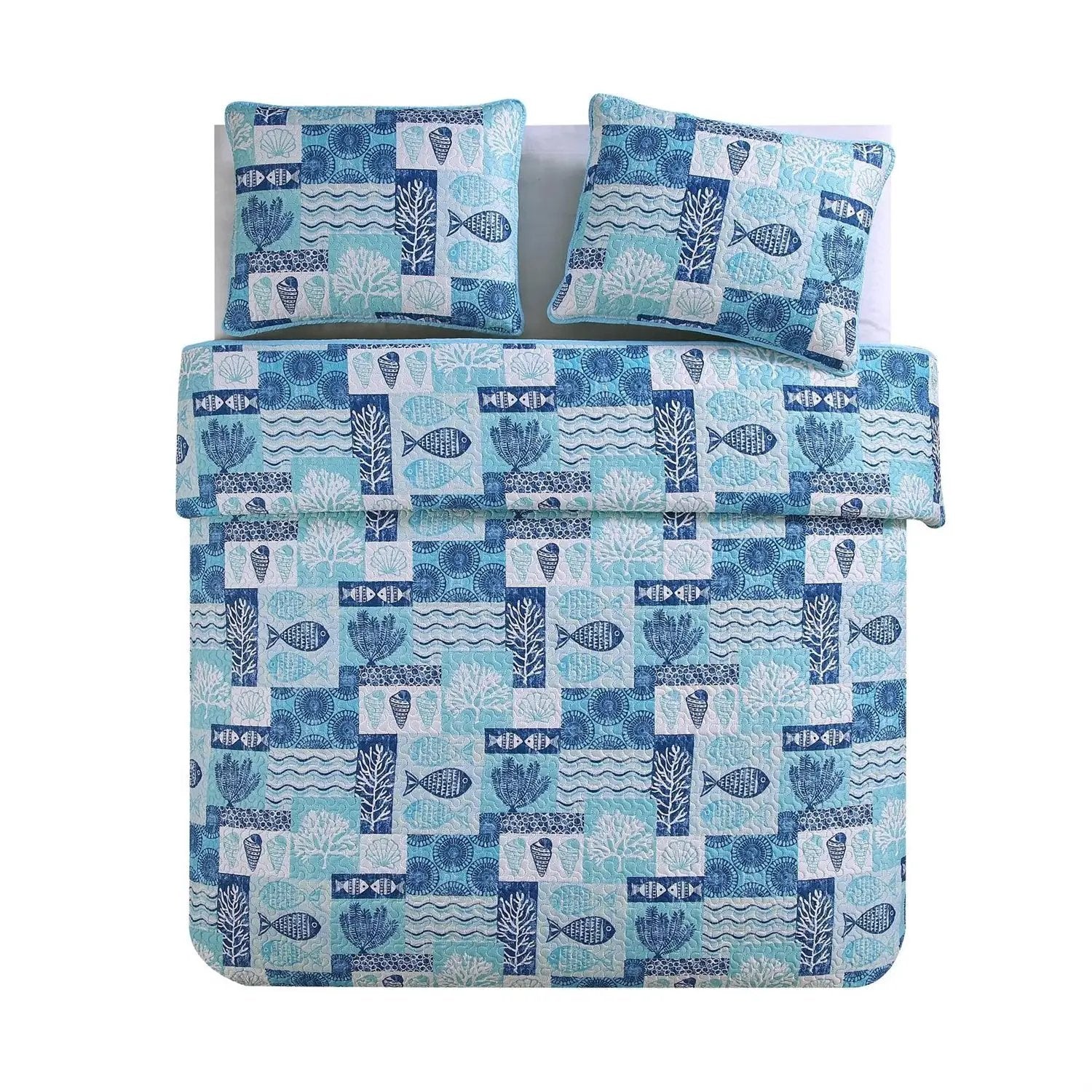 King size Aqua Blue Cream Beach Sea Shells Coral Fish Coastal 3-Piece Quilt Set by HomePacific