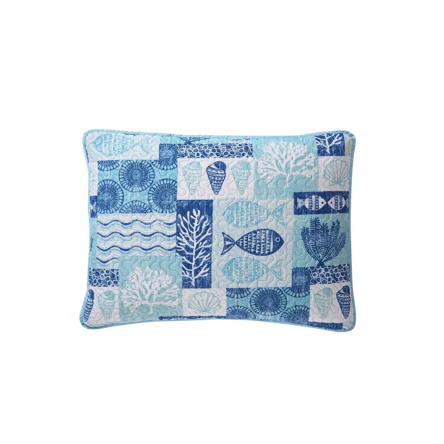 King size Aqua Blue Cream Beach Sea Shells Coral Fish Coastal 3-Piece Quilt Set by HomePacific