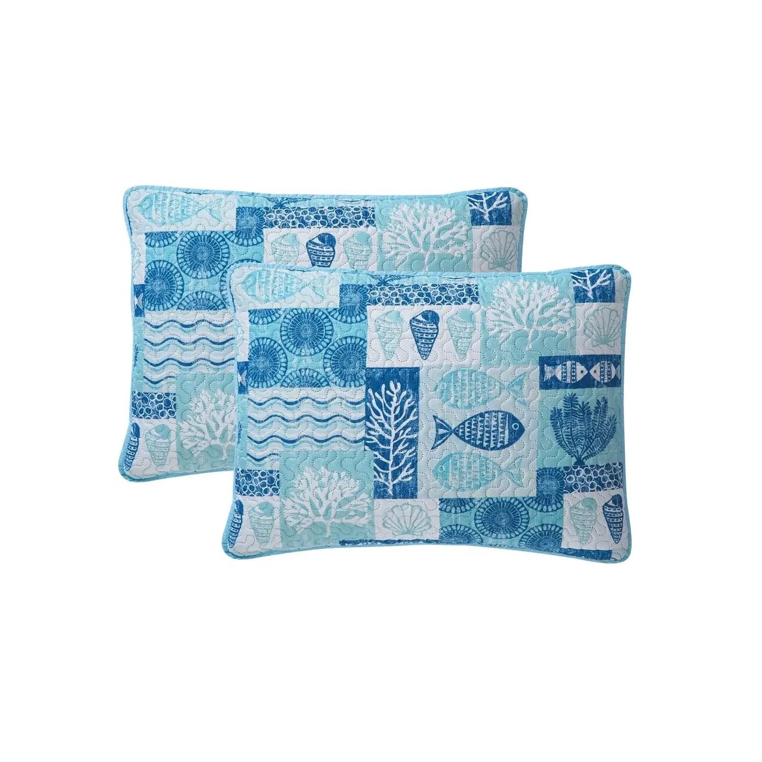 King size Aqua Blue Cream Beach Sea Shells Coral Fish Coastal 3-Piece Quilt Set by HomePacific
