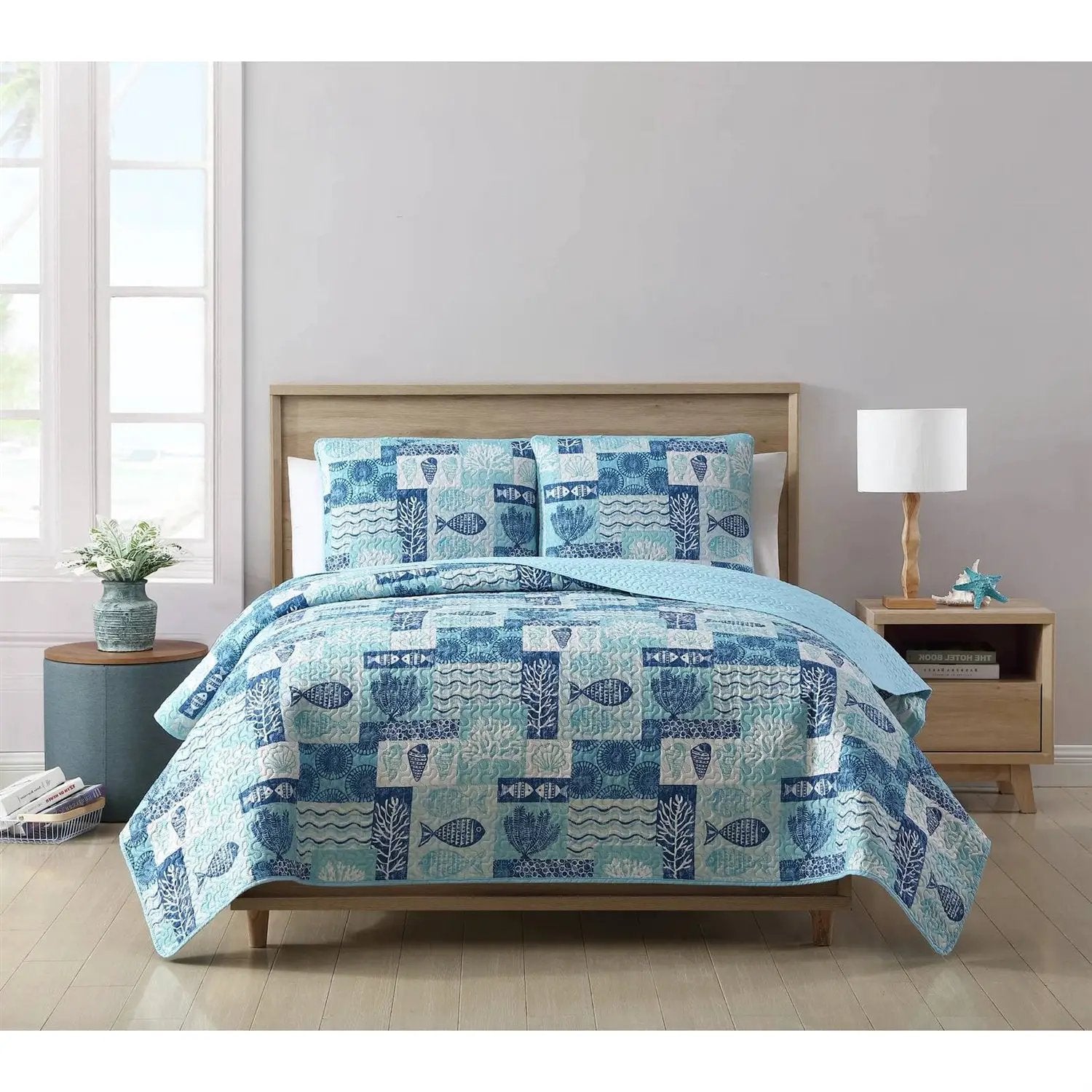 King size Aqua Blue Cream Beach Sea Shells Coral Fish Coastal 3-Piece Quilt Set by HomePacific